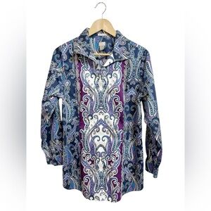 Chico’s Blouse Women’s Paisley Print Button Up  Wrinkle Resistant Cotton Size 2